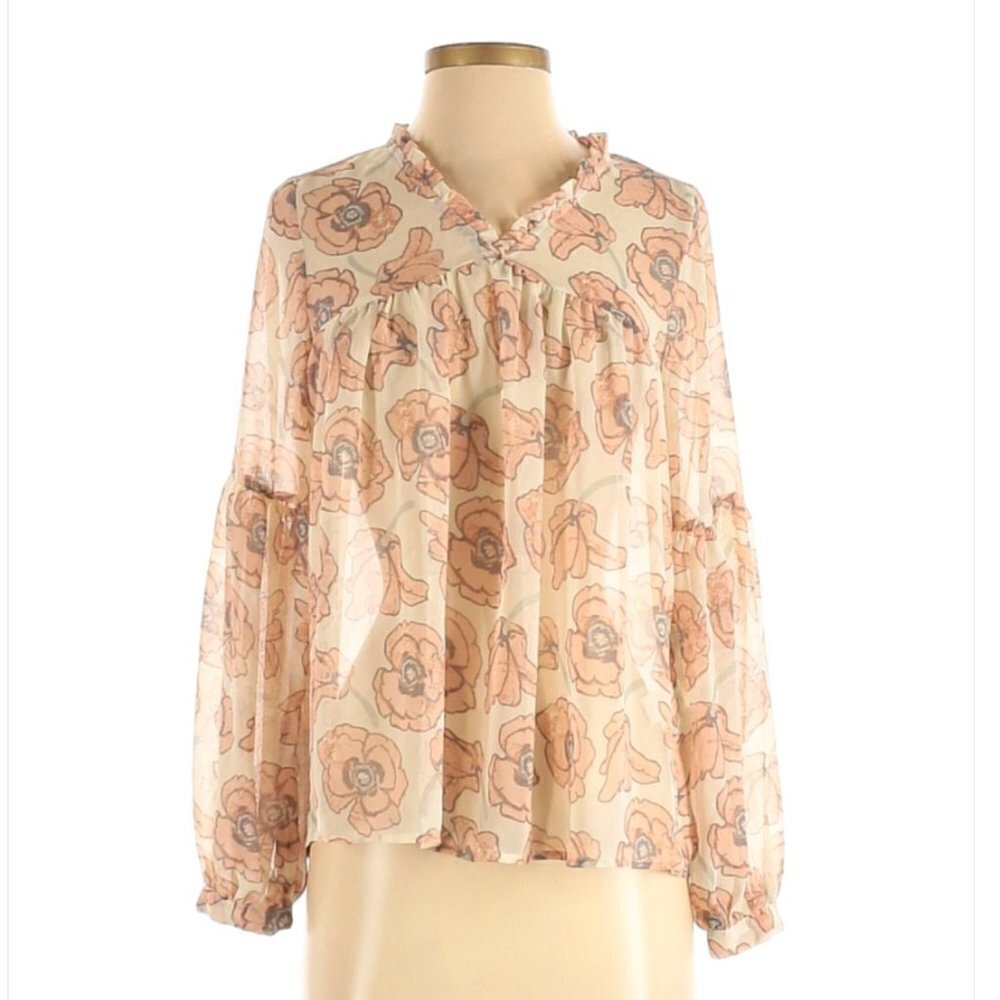 LUCKY Brand Floral Cream & Pink Long Sleeve Blouse Size XS